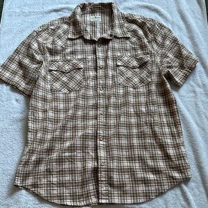 Mutual Weave Men’s Tan Plaid Casual Short Sleeve Button Up Shirt Size XL